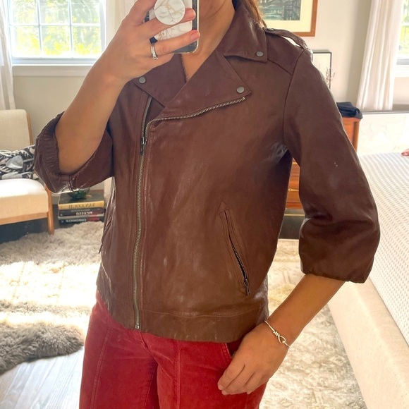 Gap Brown Leather Cropped Sleeve Moto Jacket - Picture 3 of 10